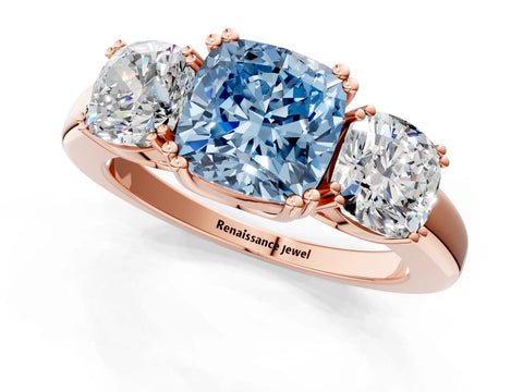 Rose gold Three-Stone Fancy Blue Cushion Cut Cut Diamond Ring with Channel Set Band and Four-Prong Setting_1