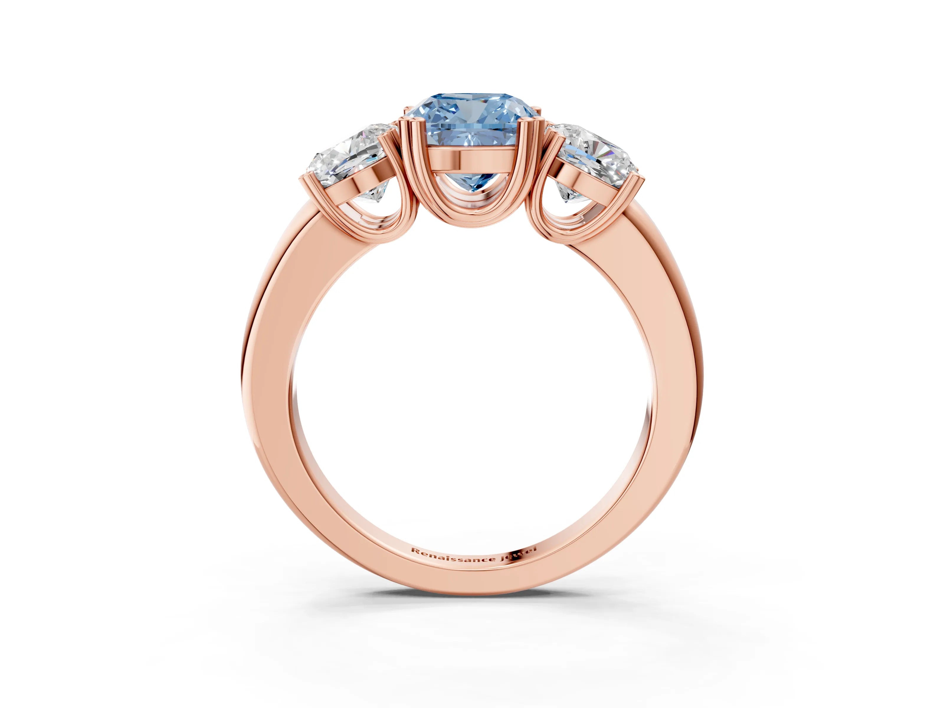 Rose gold Three-Stone Fancy Blue Cushion Cut Cut Diamond Ring with Channel Set Band and Four-Prong Setting_3