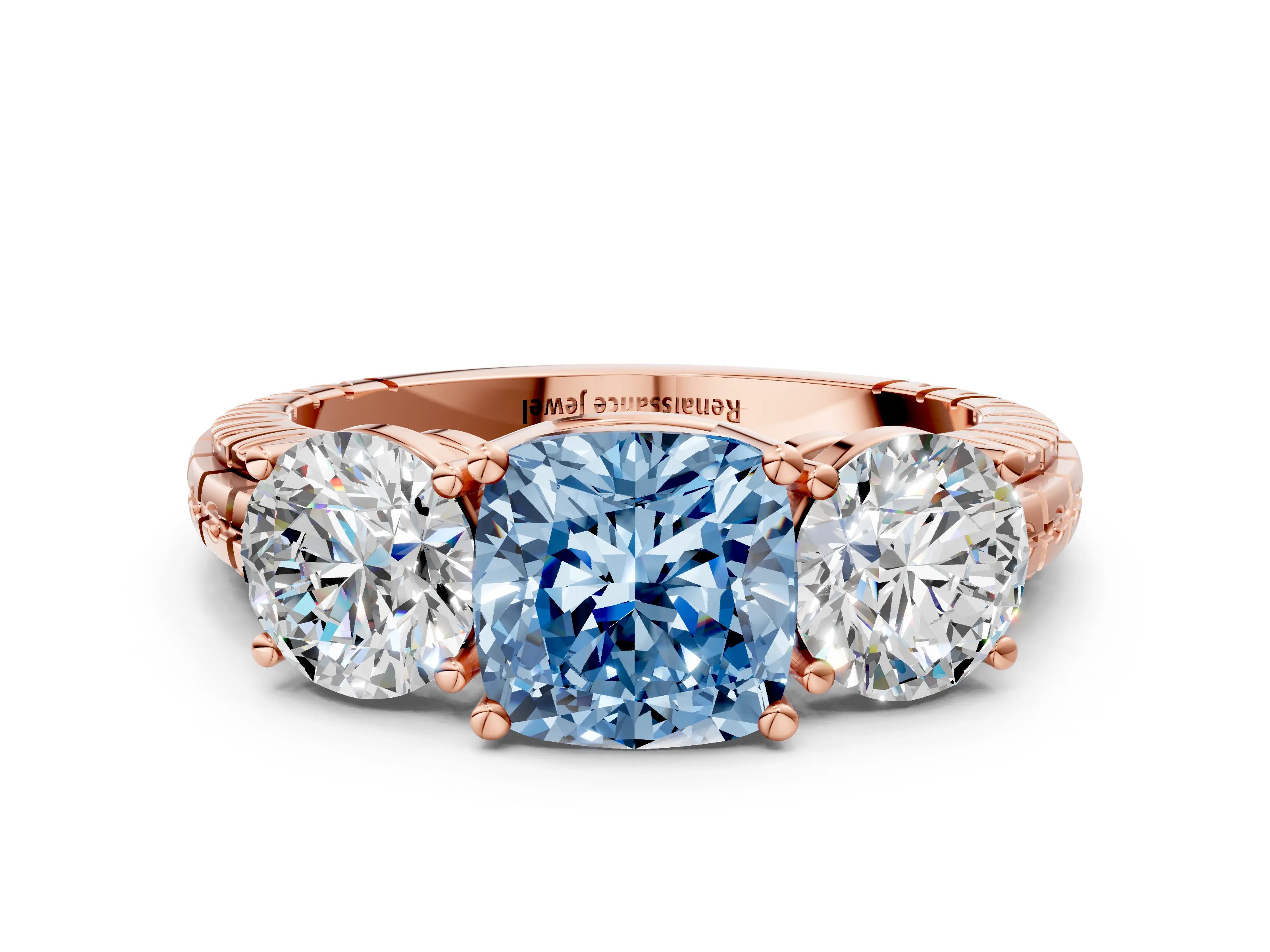 Rose gold Three-Stone Fancy Blue Cushion Cut Cut Diamond Ring with Channel-Set Band and Prong Setting