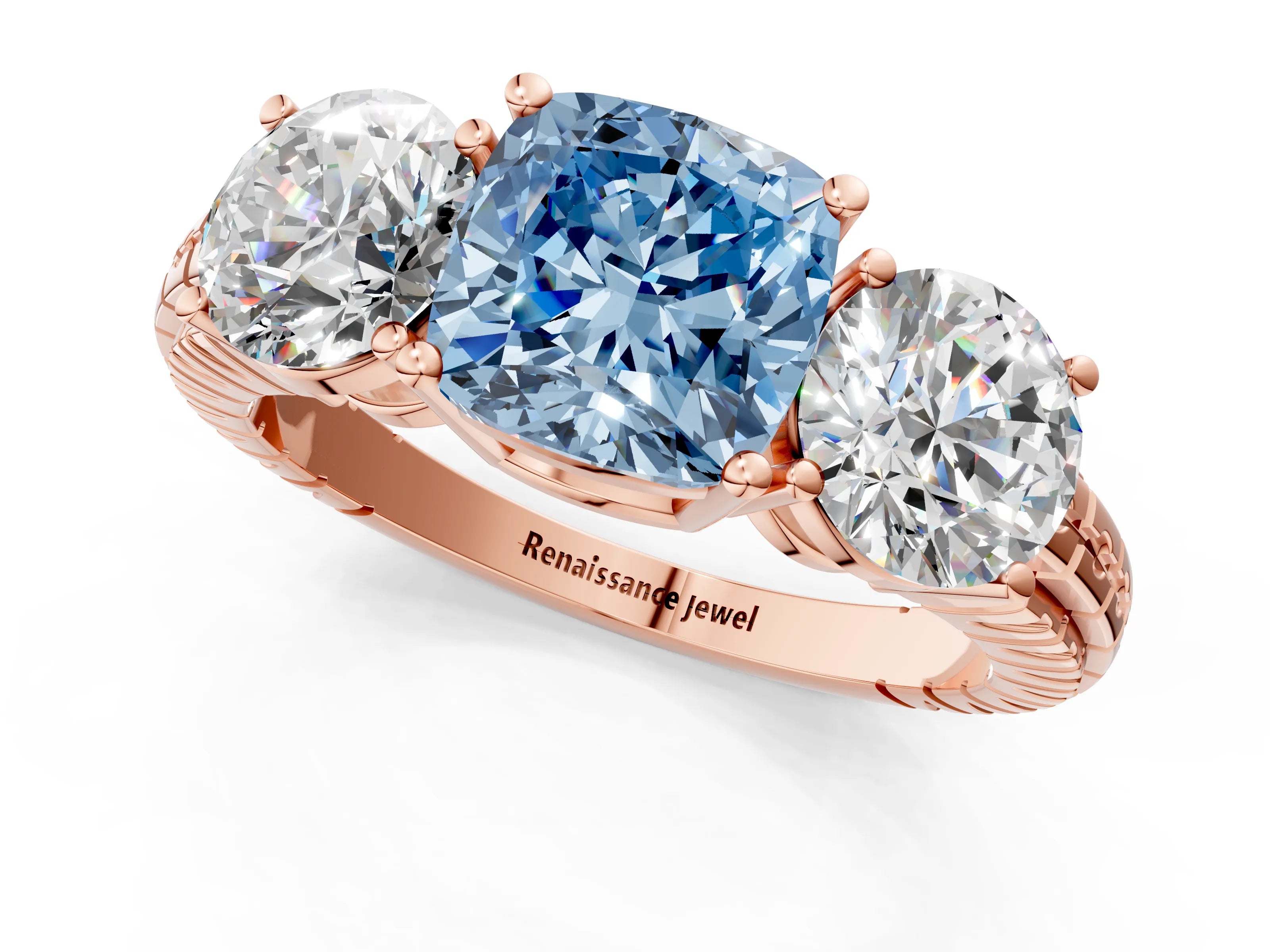 Rose gold Three-Stone Fancy Blue Cushion Cut Cut Diamond Ring with Channel-Set Band and Prong Setting_1