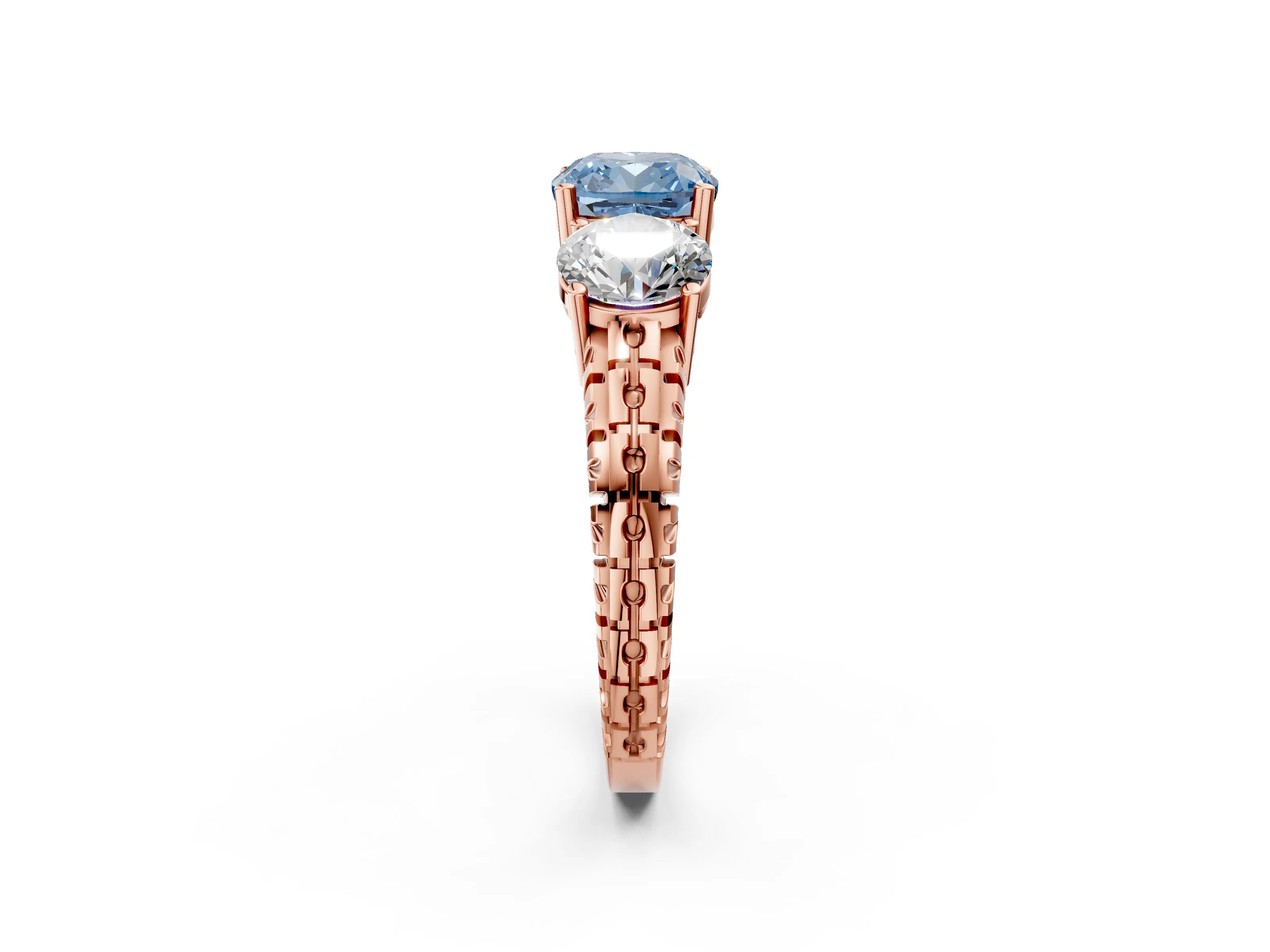 Rose gold Three-Stone Fancy Blue Cushion Cut Cut Diamond Ring with Channel-Set Band and Prong Setting_2