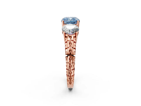 Rose gold Three-Stone Fancy Blue Cushion Cut Cut Diamond Ring with Channel-Set Band and Prong Setting_2