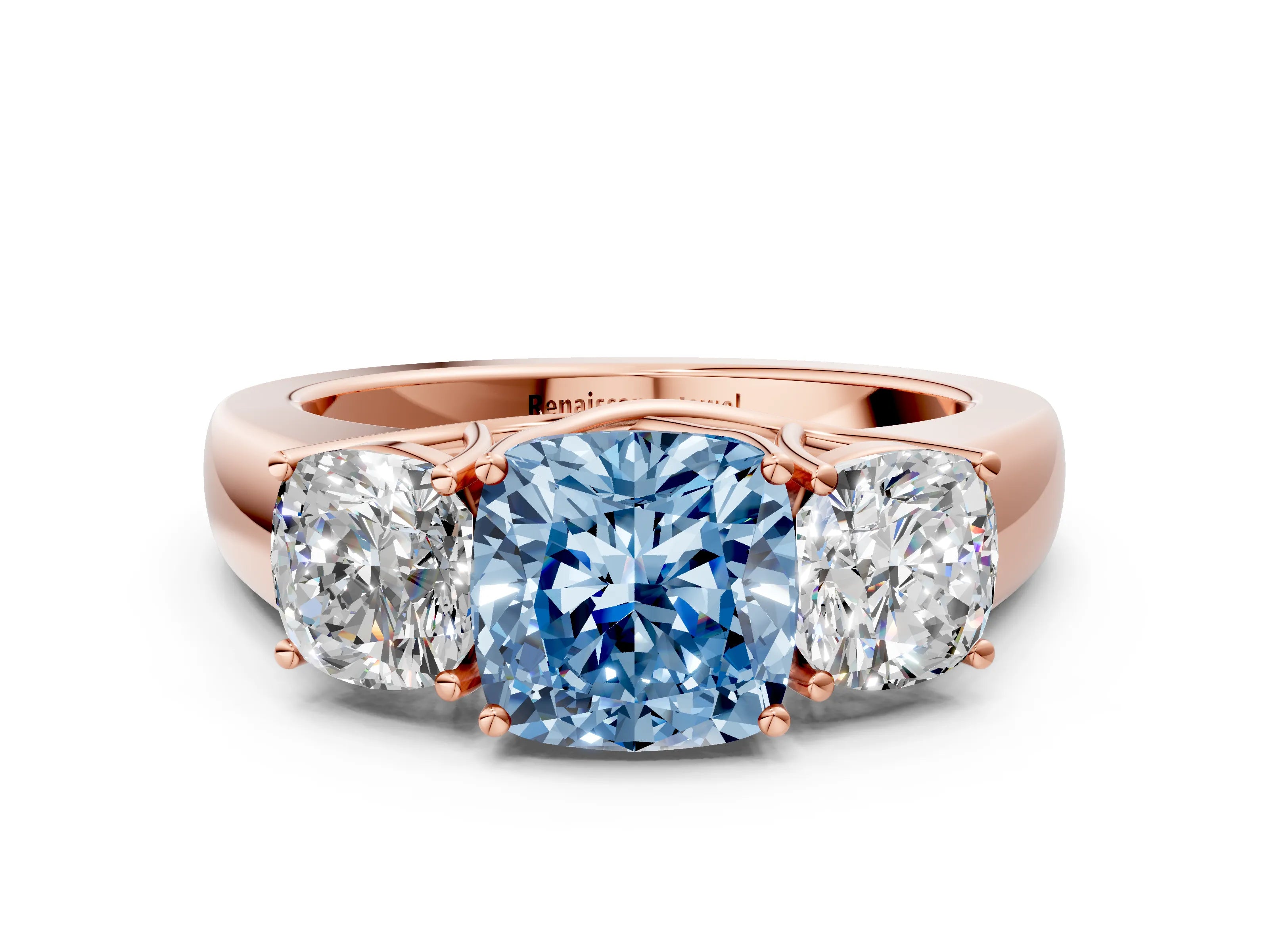 Rose gold Three-Stone Fancy Blue Cushion Cut Cut Diamond Ring with Prong Setting and Classic Band