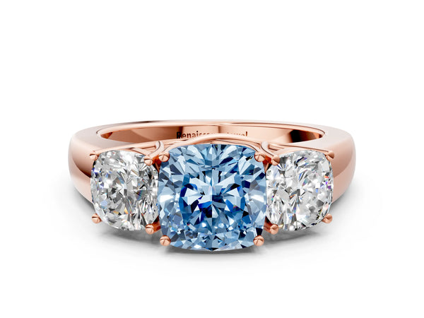Rose gold Three-Stone Fancy Blue Cushion Cut Cut Diamond Ring with Prong Setting and Classic Band