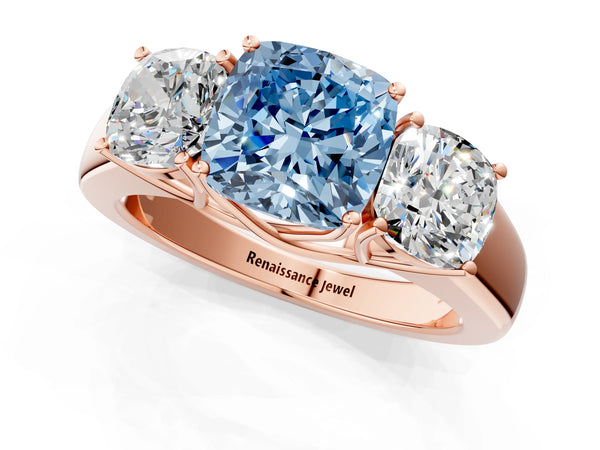 Rose gold Three-Stone Fancy Blue Cushion Cut Cut Diamond Ring with Prong Setting and Classic Band