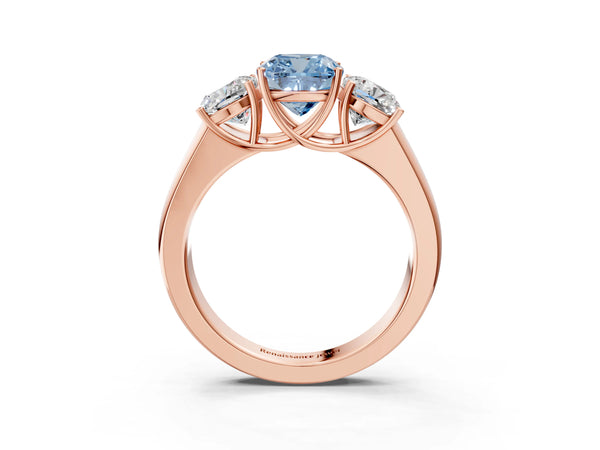 Rose gold Three-Stone Fancy Blue Cushion Cut Cut Diamond Ring with Prong Setting and Classic Band