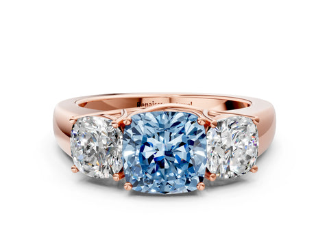 Rose gold Three-Stone Fancy Blue Cushion Cut Cut Diamond Ring with Prong Setting and Classic Band