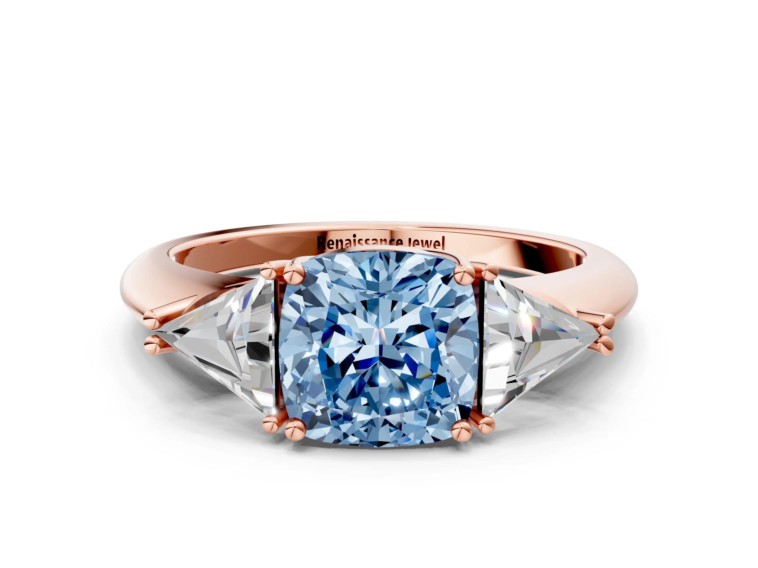 Rose gold Three-Stone Fancy Blue Cushion Cut Cut Diamond Ring with Trillion Side Stones and Four-Prong Setting_3