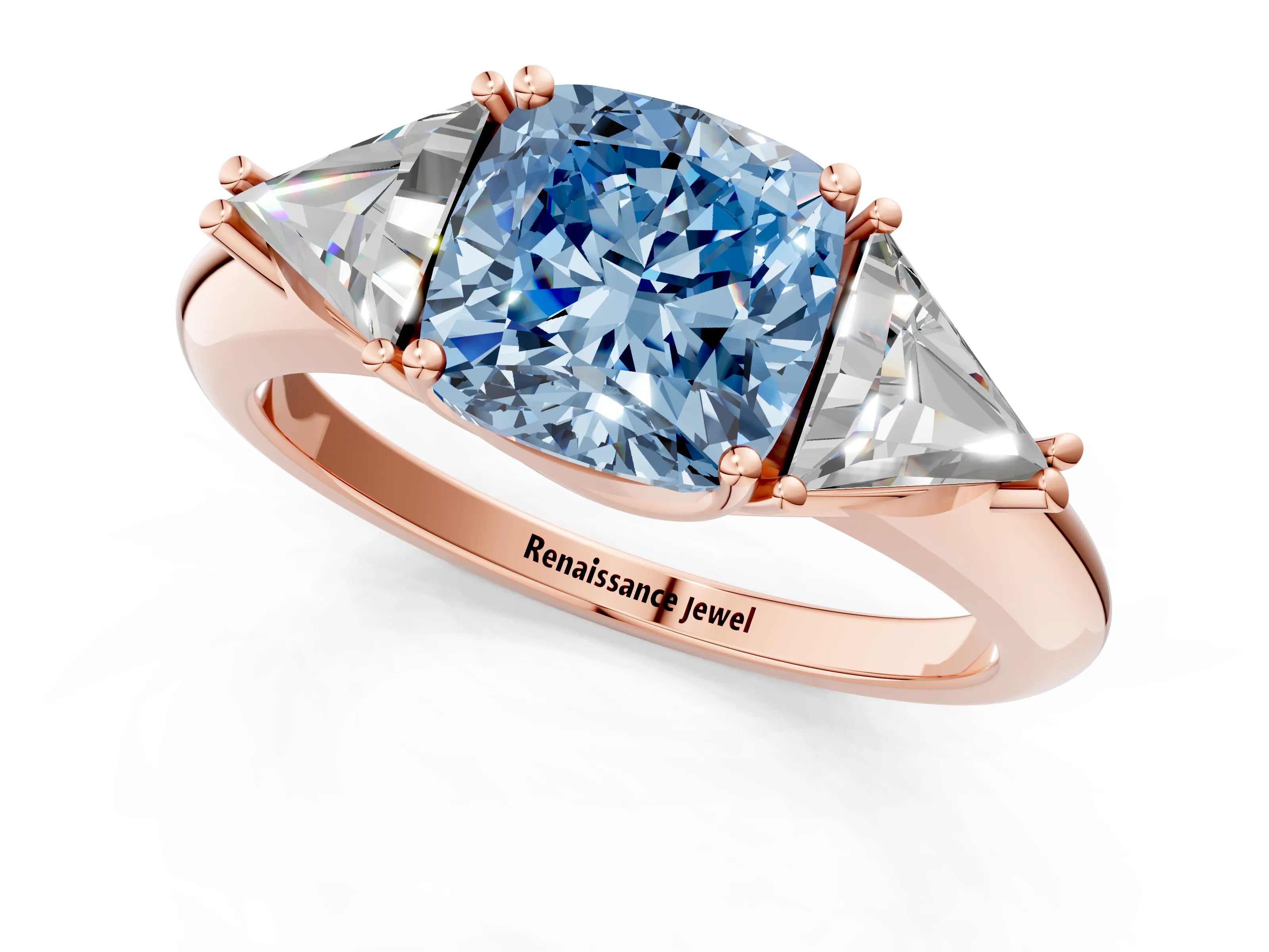 Rose gold Three-Stone Fancy Blue Cushion Cut Cut Diamond Ring with Trillion Side Stones and Four-Prong Setting_4