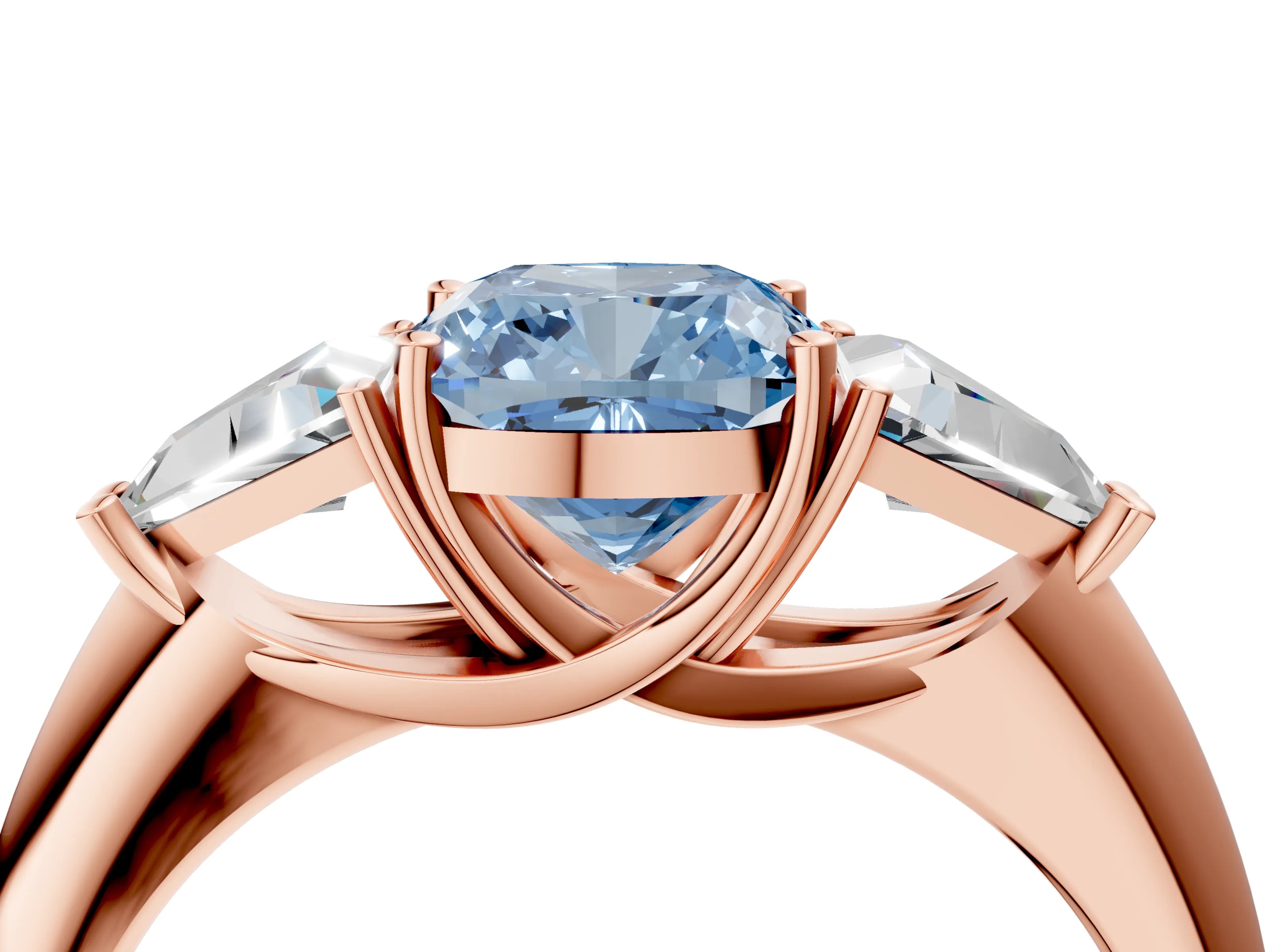 Rose gold Three-Stone Fancy Blue Cushion Cut Cut Diamond Ring with Trillion Side Stones and Four-Prong Setting_7