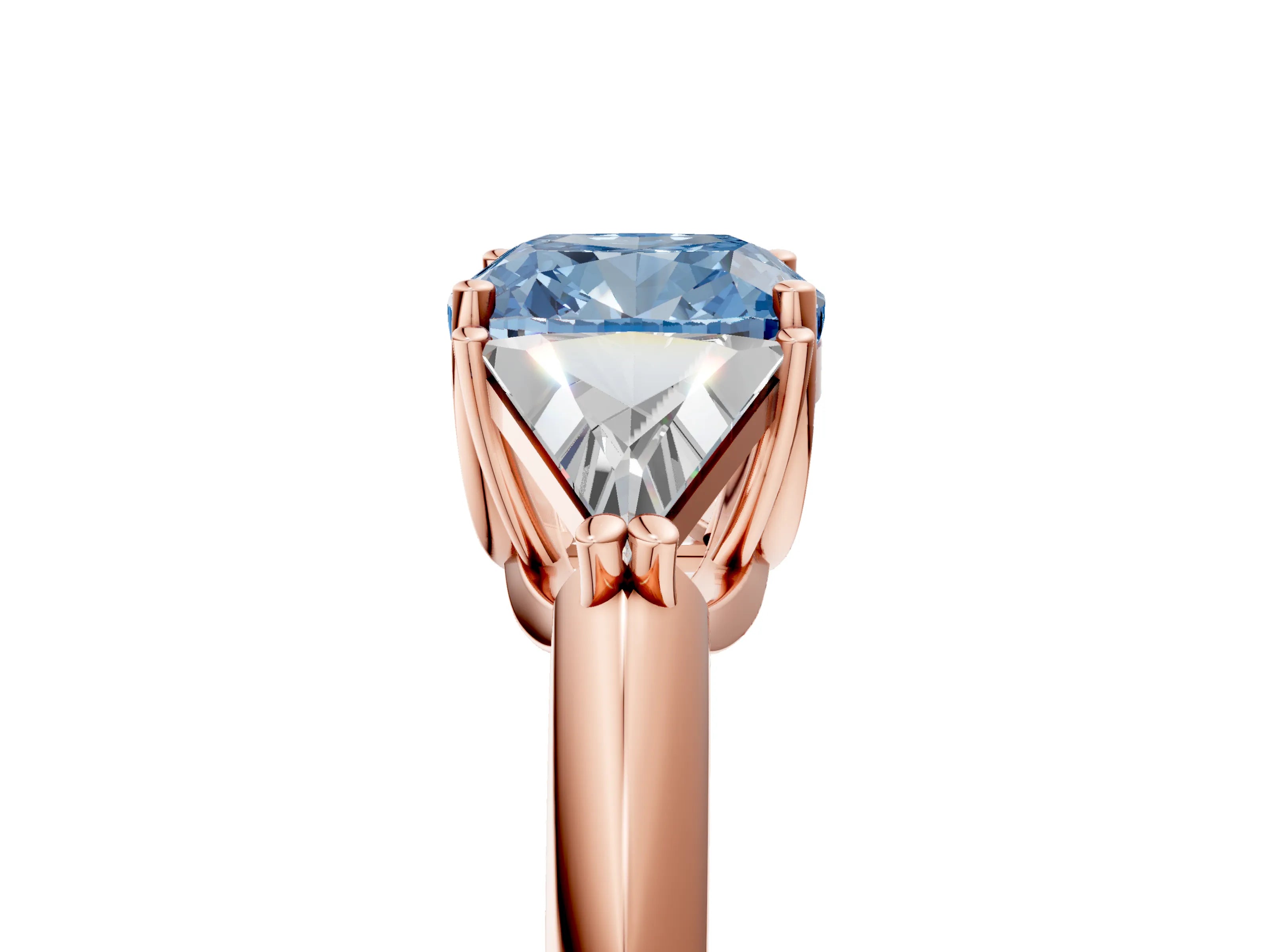 Rose gold Three-Stone Fancy Blue Cushion Cut Cut Diamond Ring with Trillion Side Stones and Four-Prong Setting_8