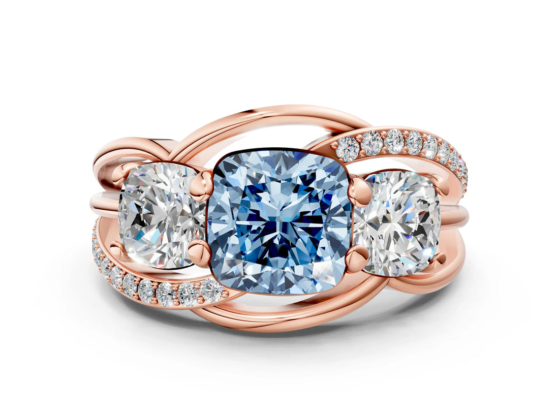 Rose gold Three-Stone Fancy Blue Cushion Cut Cut Diamond Split Shank Prong Set Ring