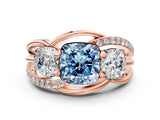 Rose gold Three-Stone Fancy Blue Cushion Cut Cut Diamond Split Shank Prong Set Ring