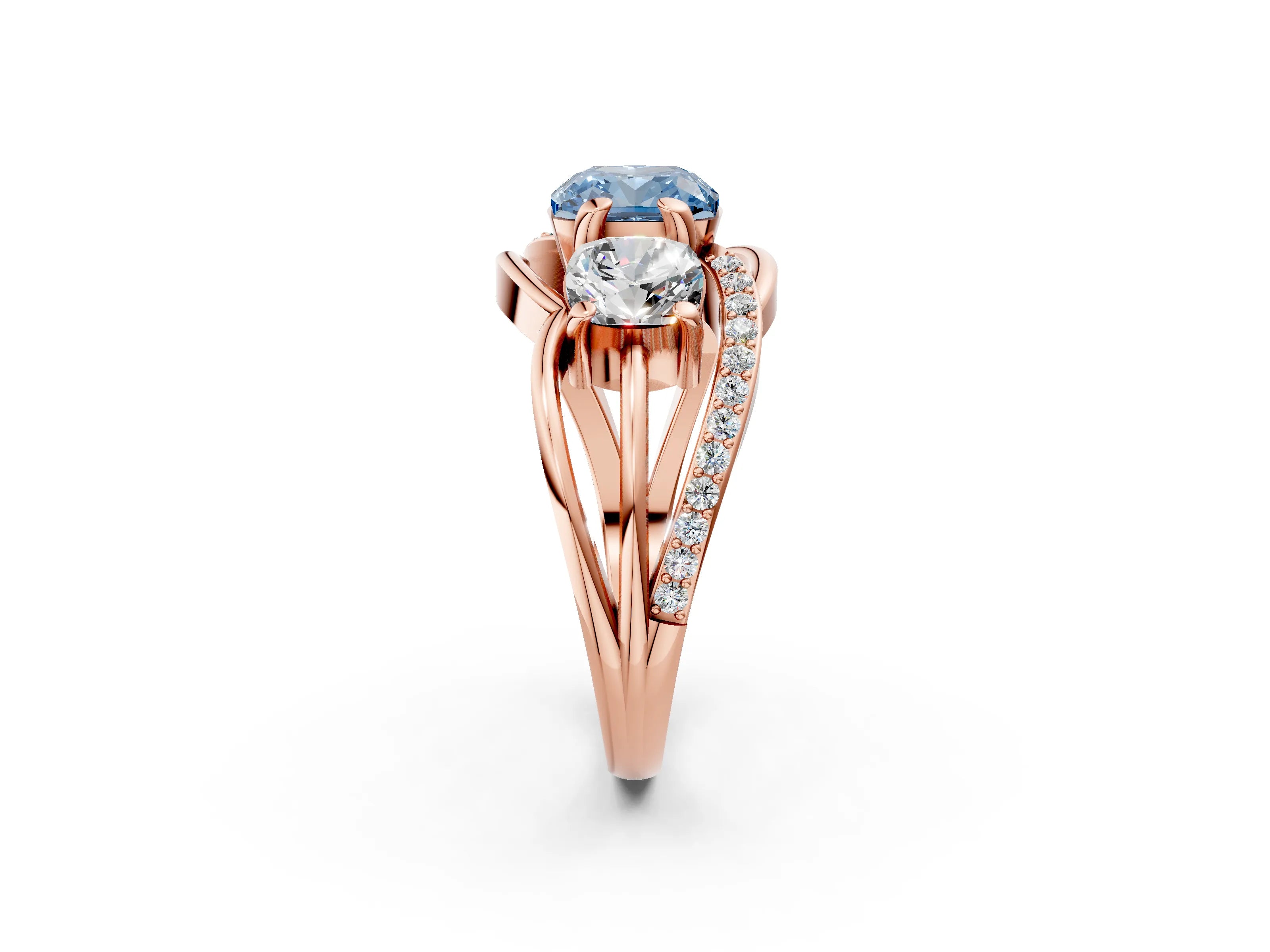 Rose gold Three-Stone Fancy Blue Cushion Cut Cut Diamond Split Shank Prong Set Ring_2