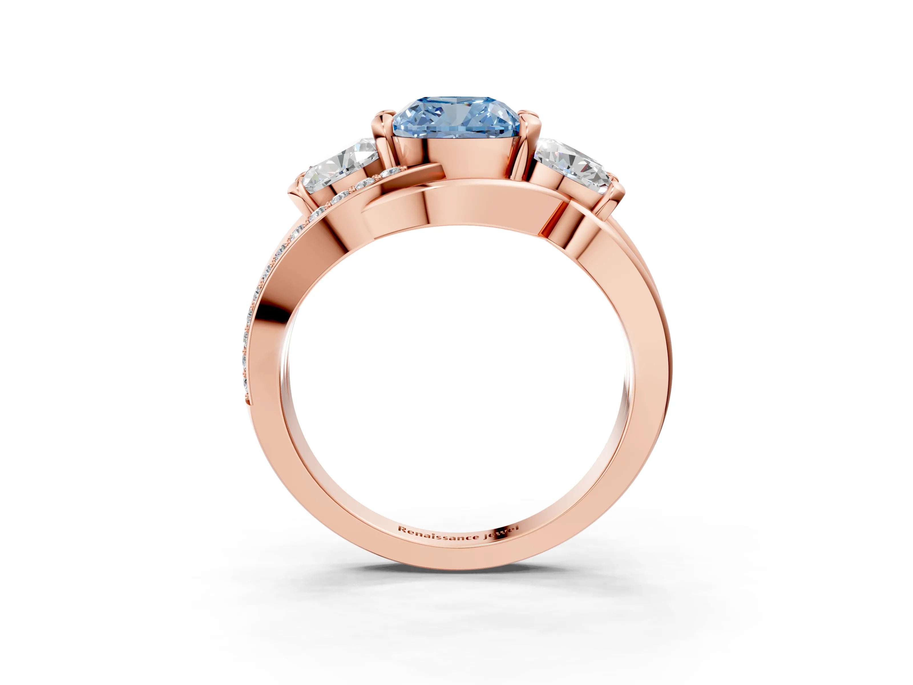 Rose gold Three-Stone Fancy Blue Cushion Cut Cut Diamond Split Shank Prong Set Ring_3