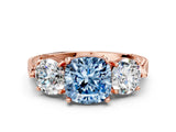 Rose gold Three-Stone Fancy Blue Cushion Cut Cut Milgrain Band Prong Setting Ring
