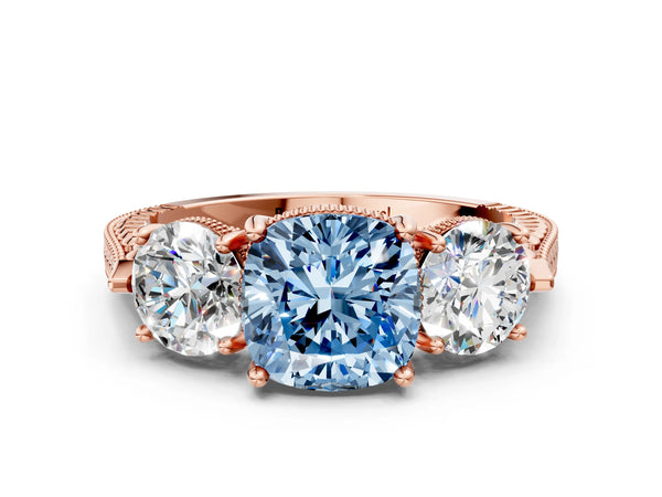 Rose Gold Cushion Cut Vintage Three Stone Engagement Ring Setting for Fancy Blue Center