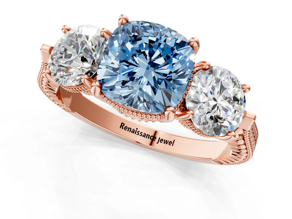 Rose Gold Cushion Cut Vintage Three Stone Engagement Ring Setting for Fancy Blue Center