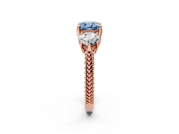 Rose Gold Cushion Cut Vintage Three Stone Engagement Ring Setting for Fancy Blue Center
