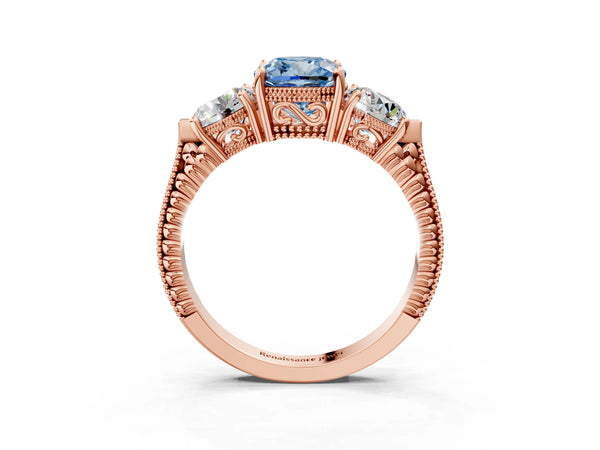 Rose Gold Cushion Cut Vintage Three Stone Engagement Ring Setting for Fancy Blue Center