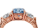 Rose gold Three-Stone Fancy Blue Cushion Cut Cut Milgrain Band Prong Setting Ring_4