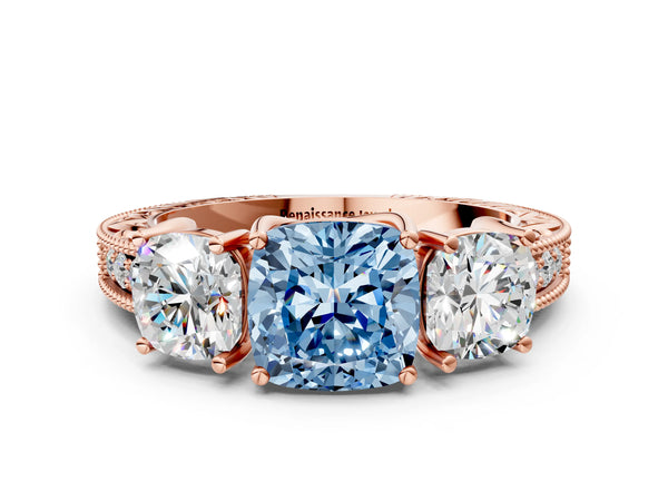 Rose gold Three-Stone Fancy Blue Cushion Cut Cut Milgrain Pavé Engagement Ring