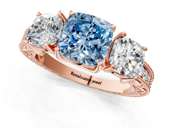 Rose gold Three-Stone Fancy Blue Cushion Cut Cut Milgrain Pavé Engagement Ring