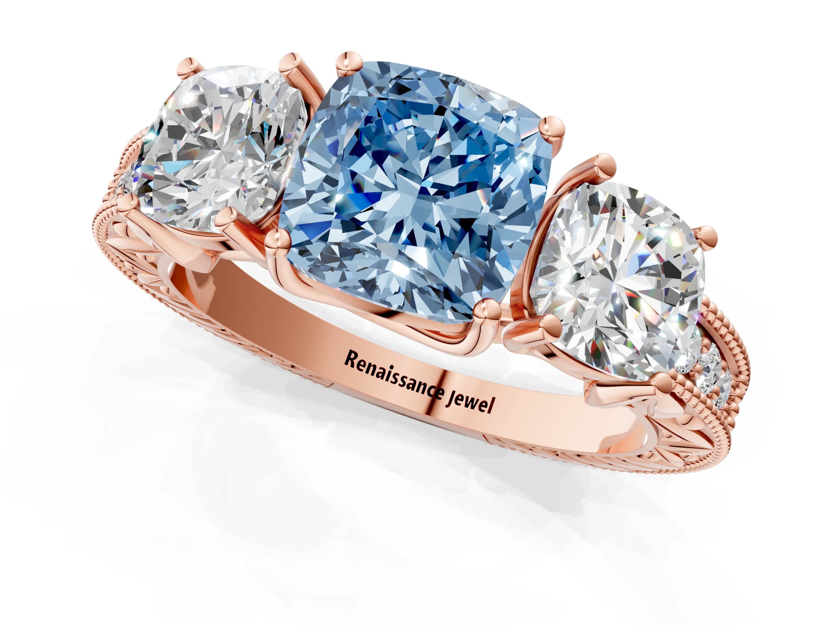 Rose gold Three-Stone Fancy Blue Cushion Cut Cut Milgrain Pavé Engagement Ring_13