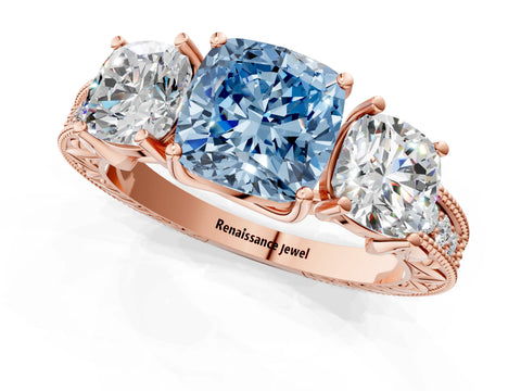 Rose gold Three-Stone Fancy Blue Cushion Cut Cut Milgrain Pavé Engagement Ring_13