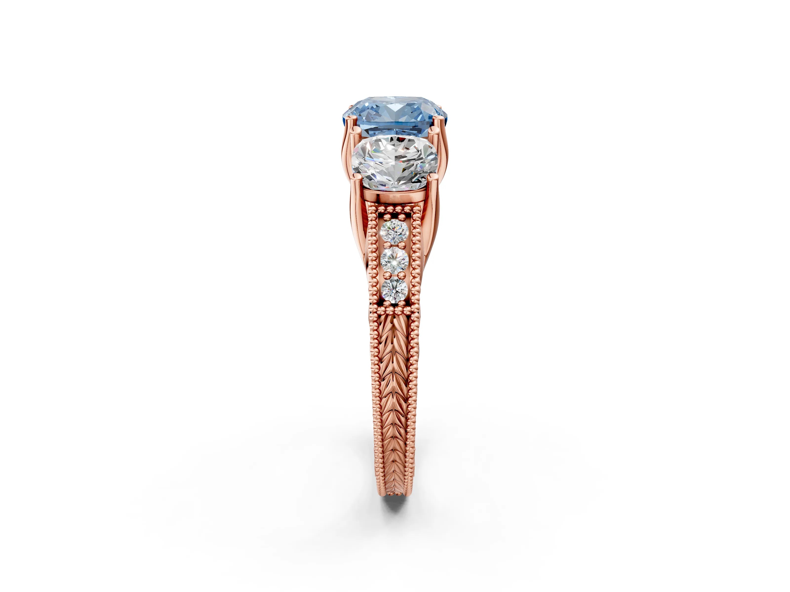 Rose gold Three-Stone Fancy Blue Cushion Cut Cut Milgrain Pavé Engagement Ring_14