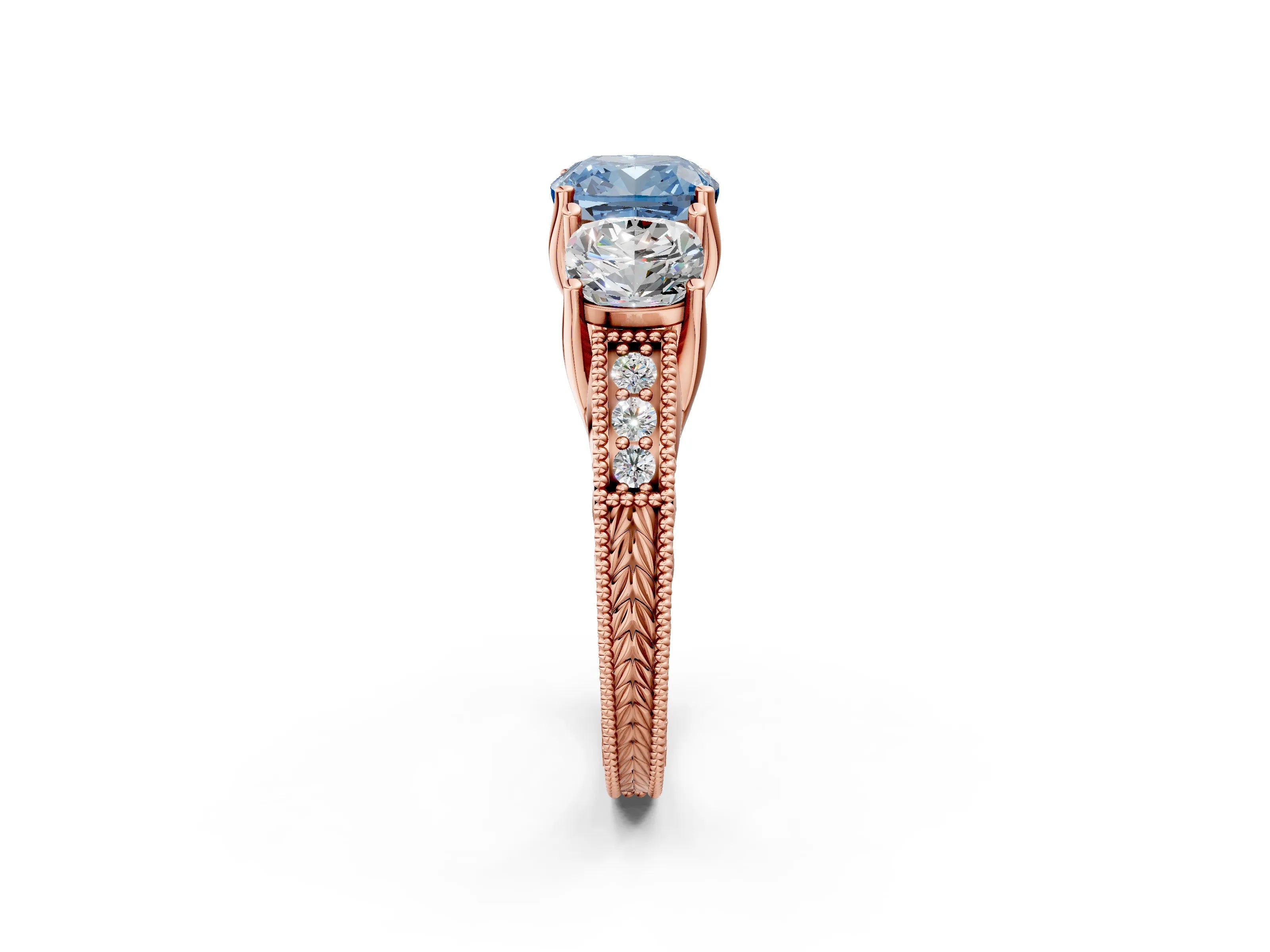 Rose gold Three-Stone Fancy Blue Cushion Cut Cut Milgrain Pavé Engagement Ring_2