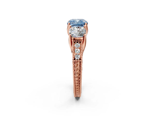 Rose gold Three-Stone Fancy Blue Cushion Cut Cut Milgrain Pavé Engagement Ring