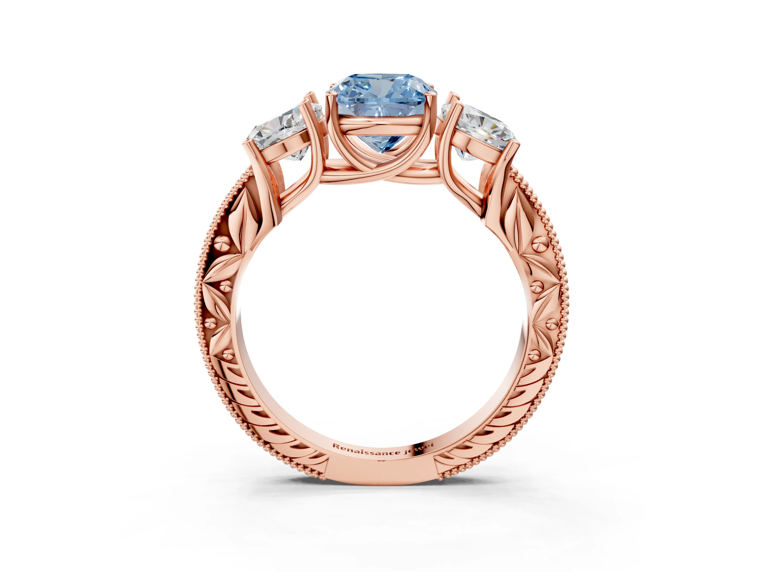 Rose gold Three-Stone Fancy Blue Cushion Cut Cut Milgrain Pavé Engagement Ring_3