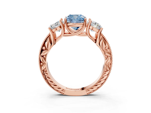 Rose gold Three-Stone Fancy Blue Cushion Cut Cut Milgrain Pavé Engagement Ring