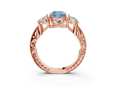 Rose gold Three-Stone Fancy Blue Cushion Cut Cut Milgrain Pavé Engagement Ring_3