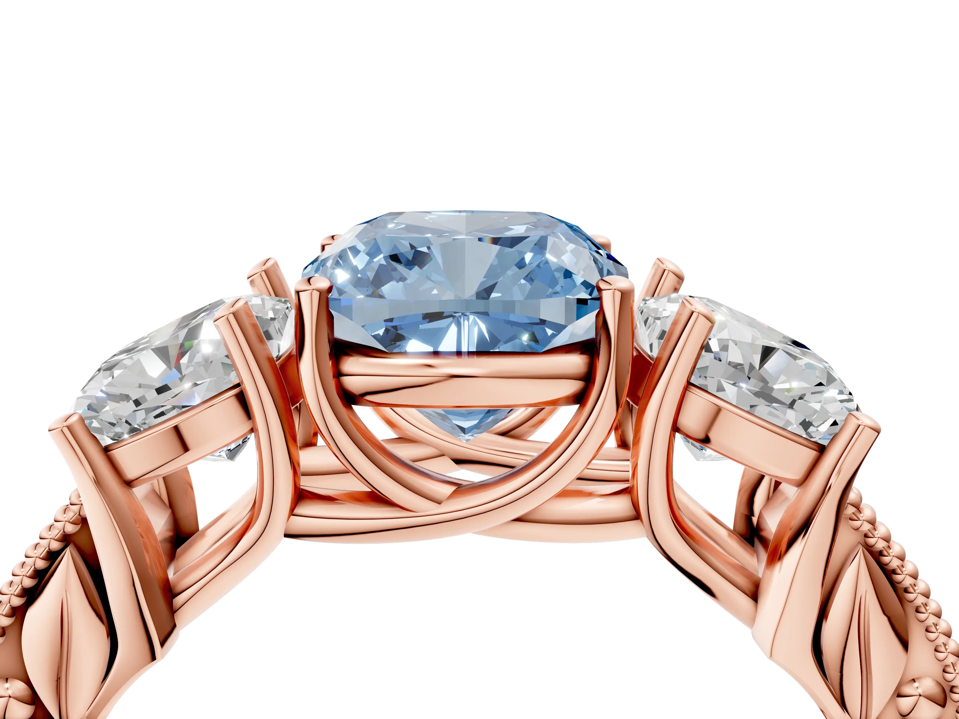 Rose gold Three-Stone Fancy Blue Cushion Cut Cut Milgrain Pavé Engagement Ring_4