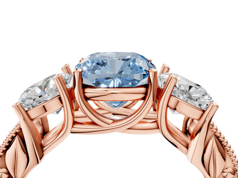 Rose gold Three-Stone Fancy Blue Cushion Cut Cut Milgrain Pavé Engagement Ring_4