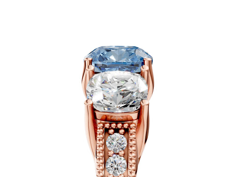 Rose gold Three-Stone Fancy Blue Cushion Cut Cut Milgrain Pavé Engagement Ring_5