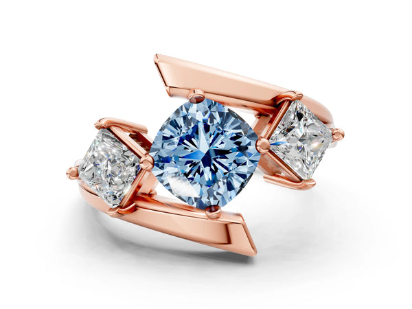 Rose gold Three-Stone Fancy Blue Cushion Cut Cut Tension Band Ring with Four-Prong Setting