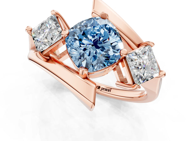 Rose gold Three-Stone Fancy Blue Cushion Cut Cut Tension Band Ring with Four-Prong Setting