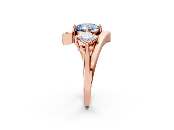 Rose gold Three-Stone Fancy Blue Cushion Cut Cut Tension Band Ring with Four-Prong Setting