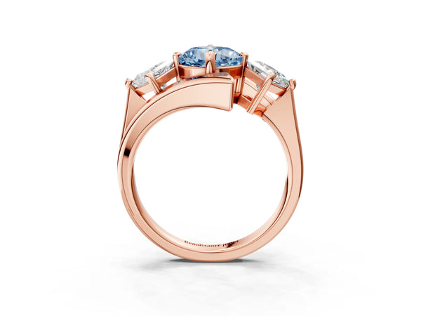 Rose gold Three-Stone Fancy Blue Cushion Cut Cut Tension Band Ring with Four-Prong Setting