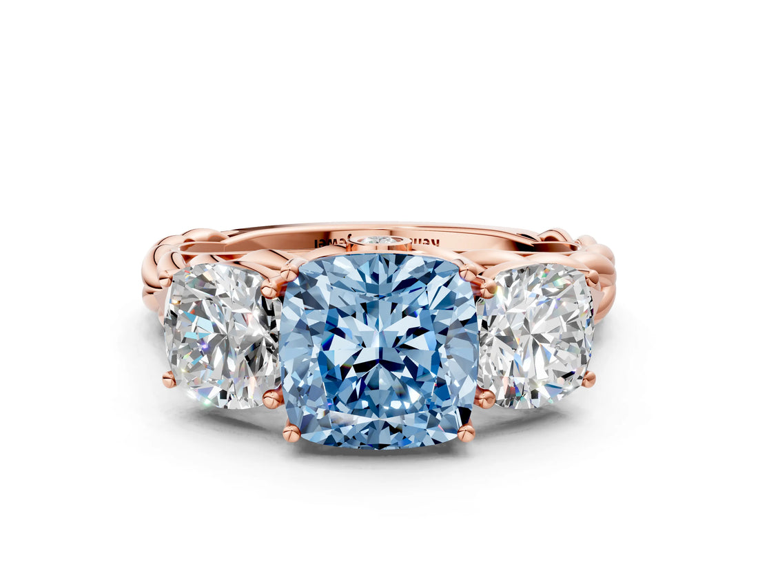 Rose gold Three-Stone Fancy Blue Cushion Cut Diamond Braided Band Ring with Four-Prong Setting_40