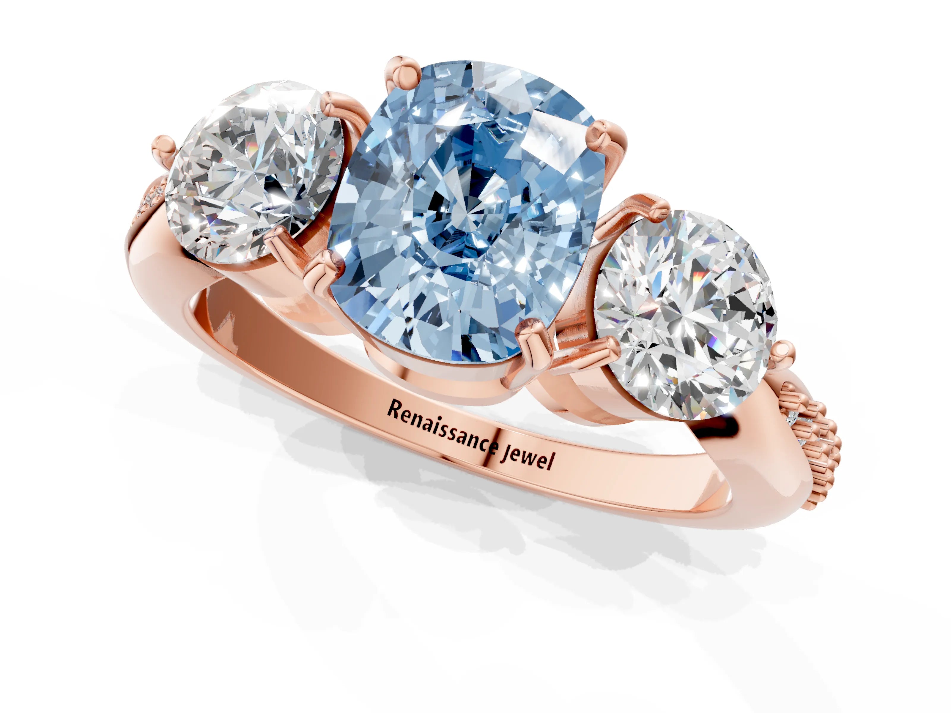 Rose gold Three-Stone Fancy Blue Cushion Cut Diamond Channel Set Engagement Ring with Prong Setting_1