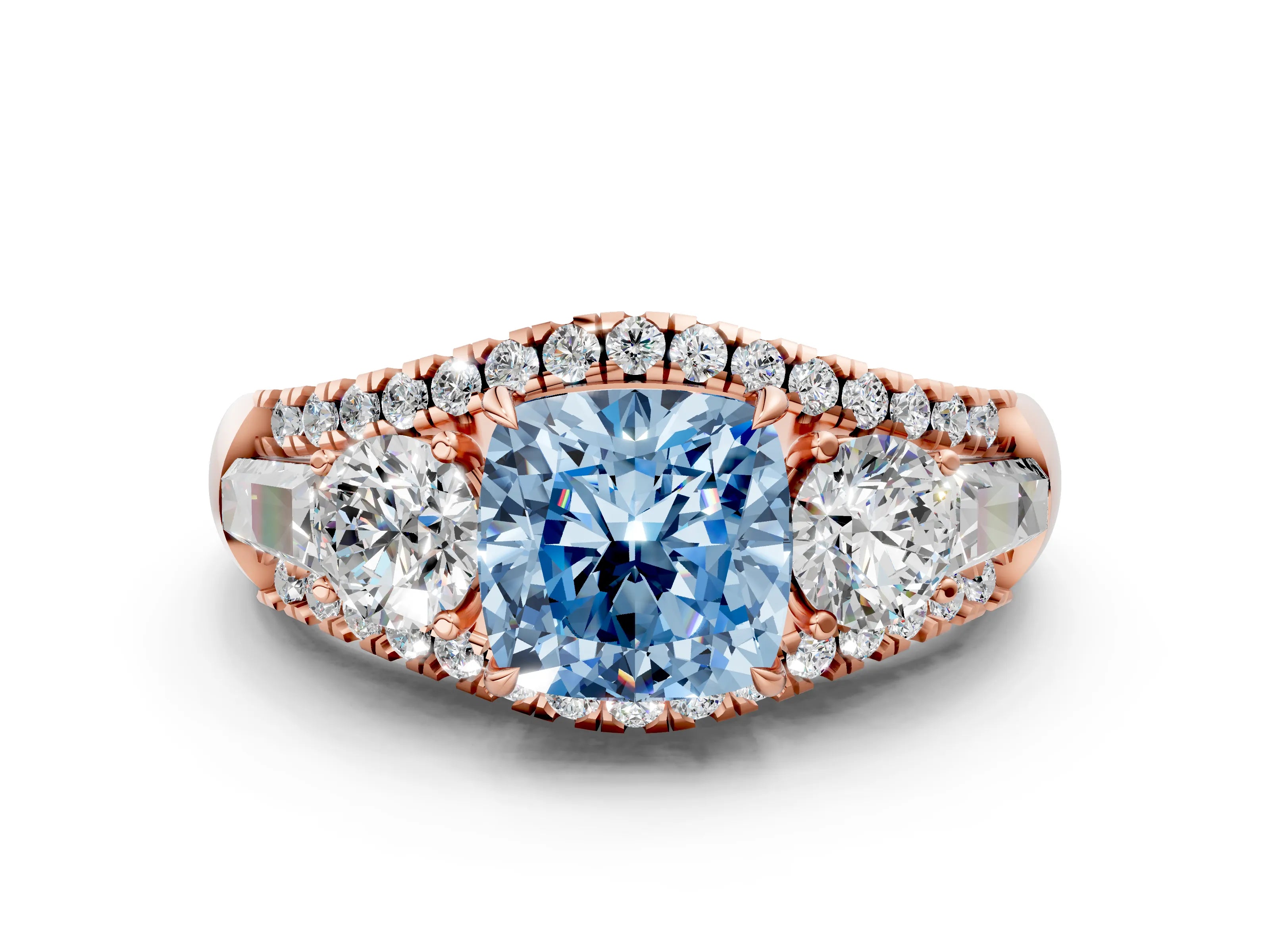 Rose gold Three-Stone Fancy Blue Cushion Cut Diamond Engagement Ring with Pave Band and Prong Setting_12