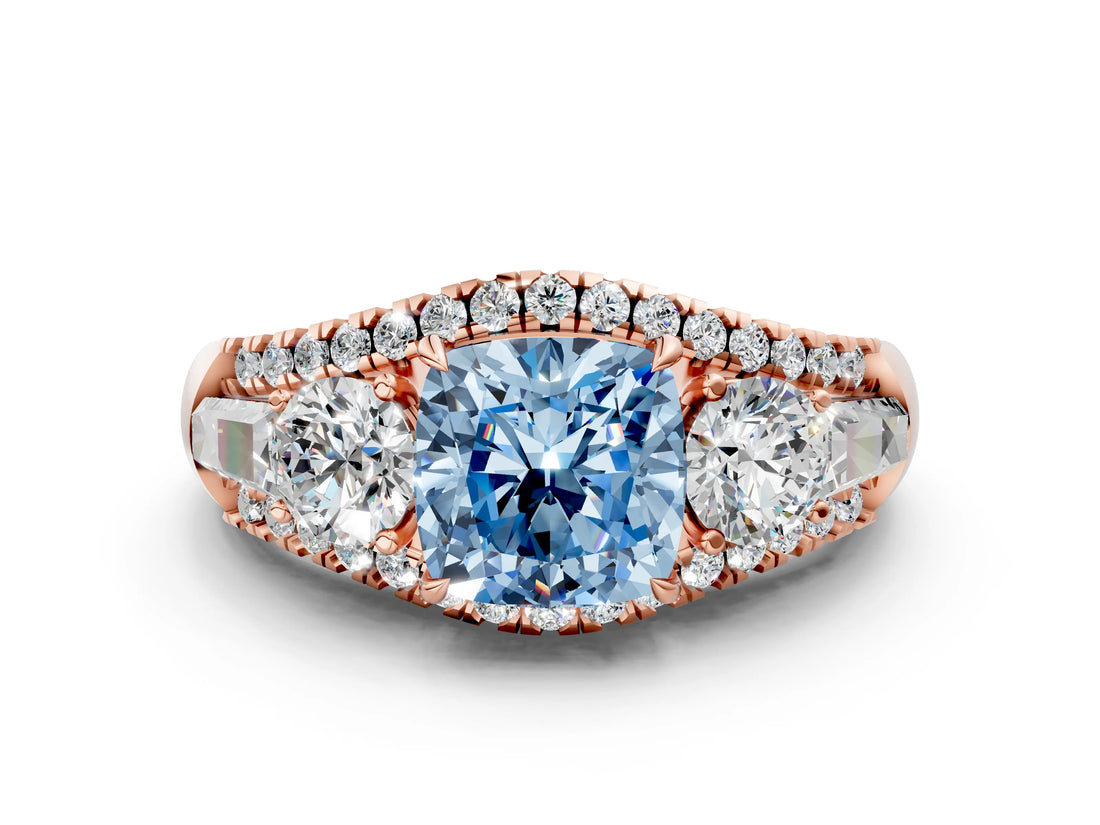 Rose gold Three-Stone Fancy Blue Cushion Cut Diamond Engagement Ring with Pave Band and Prong Setting_12