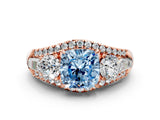 Rose gold Three-Stone Fancy Blue Cushion Cut Diamond Engagement Ring with Pave Band and Prong Setting_12