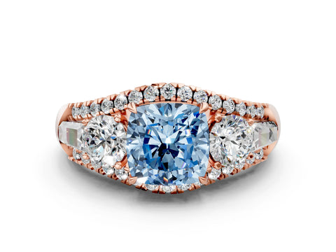 Rose gold Three-Stone Fancy Blue Cushion Cut Diamond Engagement Ring with Pave Band and Prong Setting_12