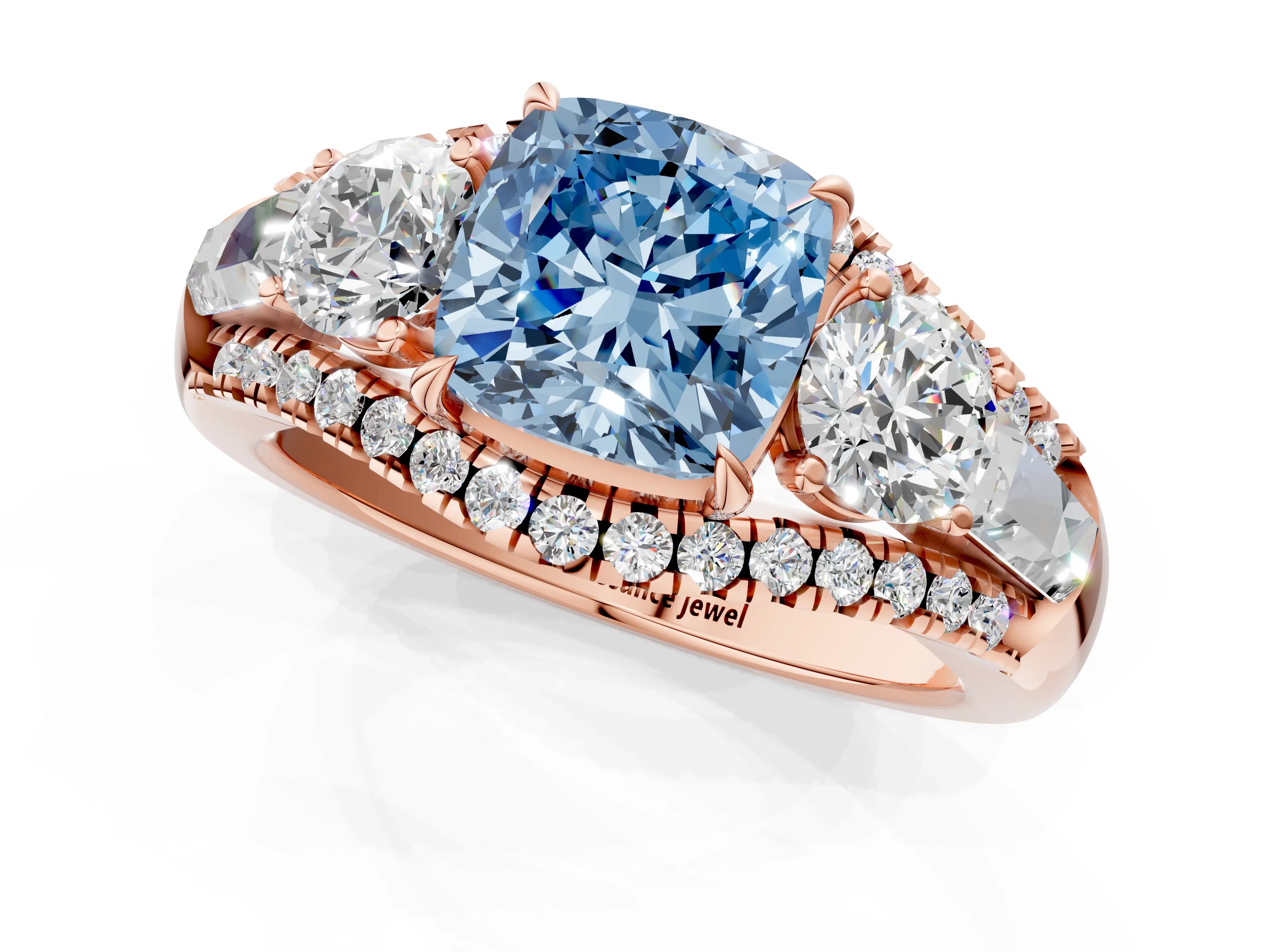 Rose gold Three-Stone Fancy Blue Cushion Cut Diamond Engagement Ring with Pave Band and Prong Setting_13