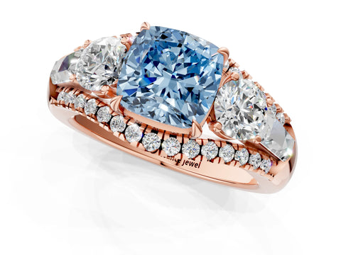 Rose gold Three-Stone Fancy Blue Cushion Cut Diamond Engagement Ring with Pave Band and Prong Setting_13